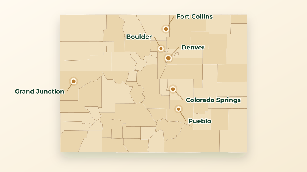 Accurate Colorado land service area map with county boundaries and major city labels